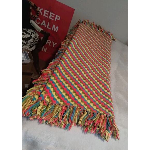 Vintage Handmade Crochet Afghan Blanket Blue Green Pink Yellow Neon 68”x 51" - Picture 10 of 13